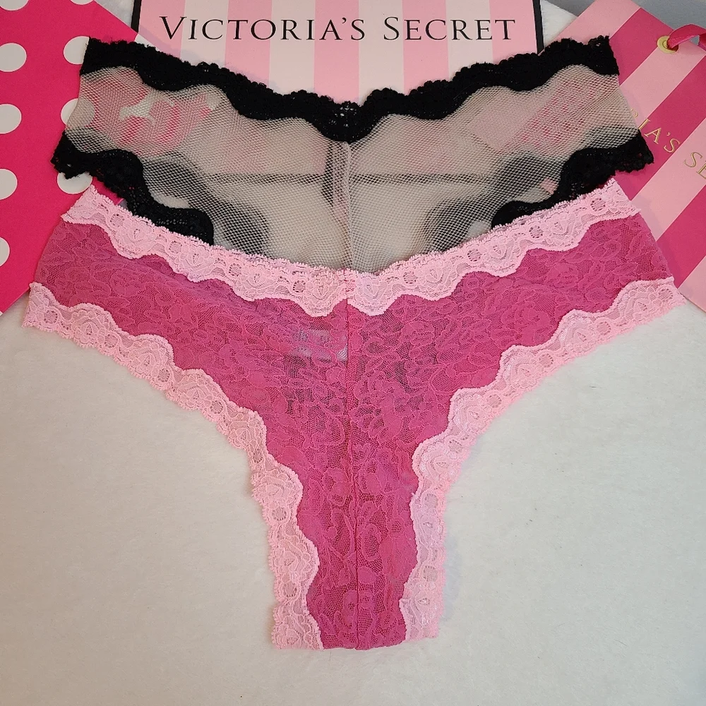 VTG VS Sexy Little Things 2pk Sheer Mesh Lace Classic Cheeky Panties Size Lg - Picture 3 of 7